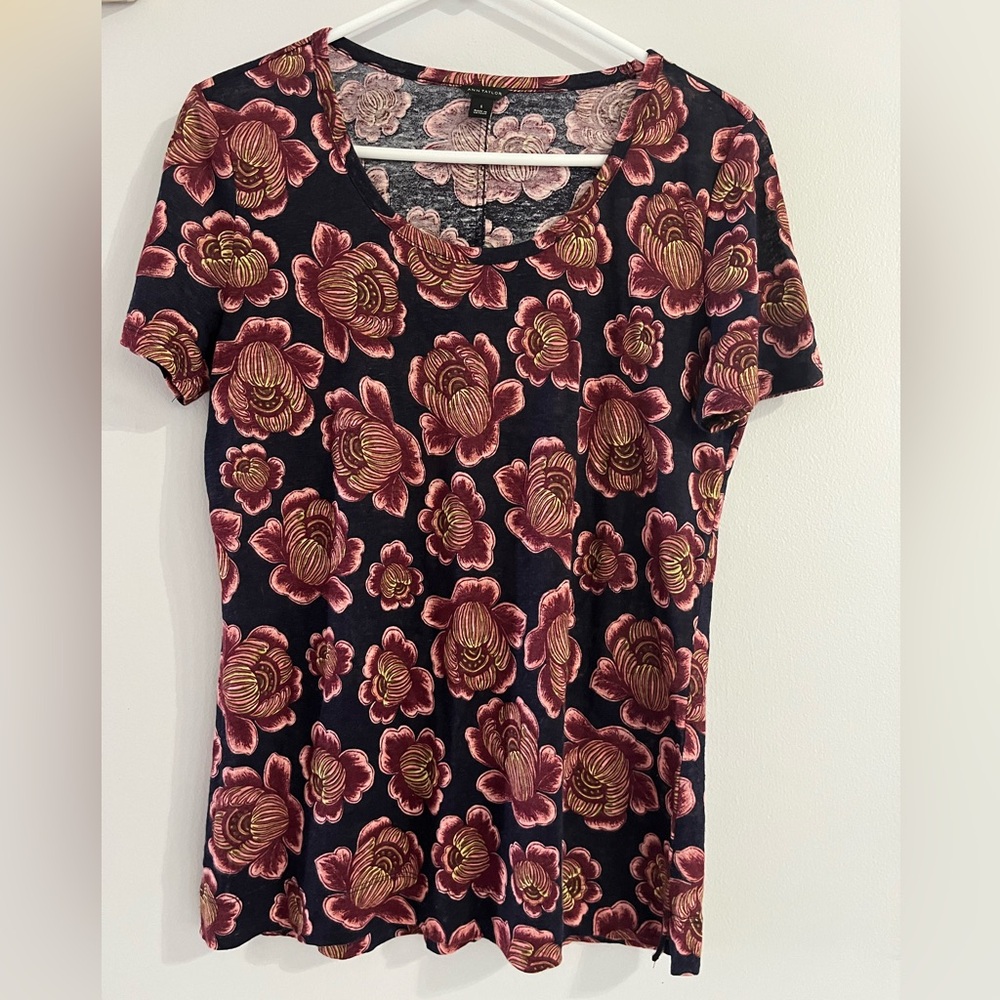 Ann Taylor Floral Linen Print Women’s Short Sleeve‎ Round Neck Top Sz S